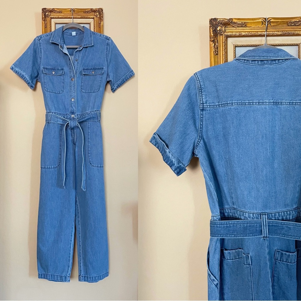 OLD NAVY PETITE Medium Wash Stretch Denim Short Sleeve Belted Jean Jumpsuit MP